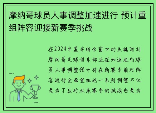 摩纳哥球员人事调整加速进行 预计重组阵容迎接新赛季挑战