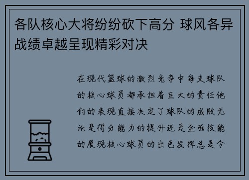 各队核心大将纷纷砍下高分 球风各异战绩卓越呈现精彩对决