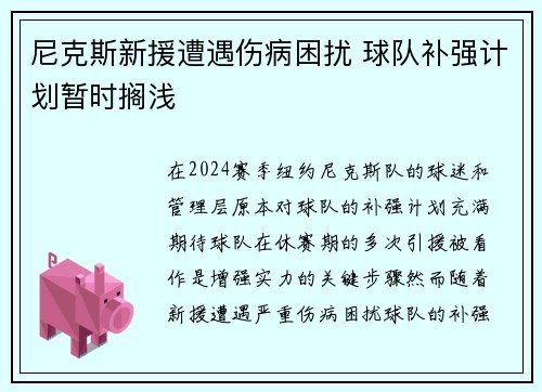 尼克斯新援遭遇伤病困扰 球队补强计划暂时搁浅