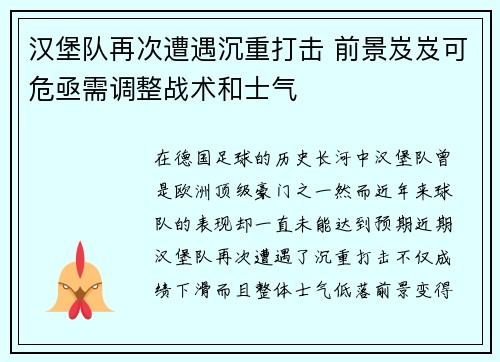 汉堡队再次遭遇沉重打击 前景岌岌可危亟需调整战术和士气