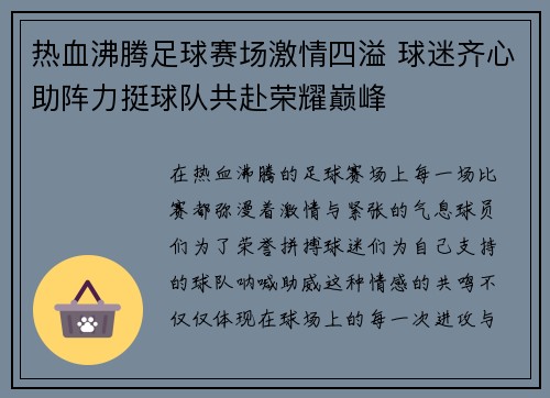 热血沸腾足球赛场激情四溢 球迷齐心助阵力挺球队共赴荣耀巅峰