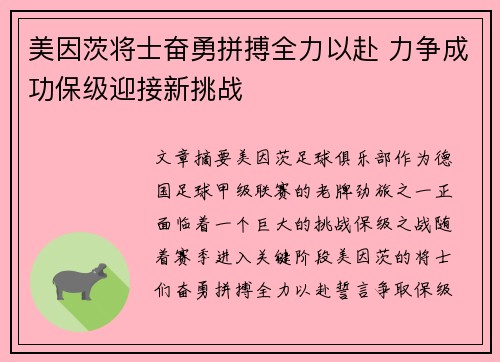 美因茨将士奋勇拼搏全力以赴 力争成功保级迎接新挑战