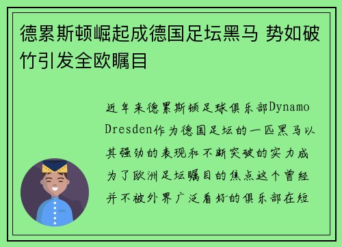 德累斯顿崛起成德国足坛黑马 势如破竹引发全欧瞩目