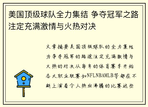 美国顶级球队全力集结 争夺冠军之路注定充满激情与火热对决