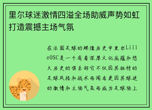 里尔球迷激情四溢全场助威声势如虹打造震撼主场气氛