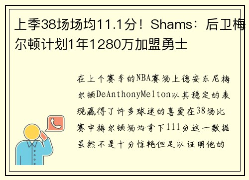 上季38场场均11.1分！Shams：后卫梅尔顿计划1年1280万加盟勇士