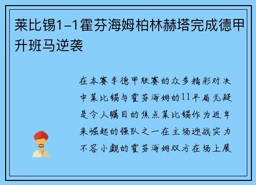 莱比锡1-1霍芬海姆柏林赫塔完成德甲升班马逆袭