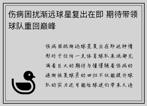 伤病困扰渐远球星复出在即 期待带领球队重回巅峰